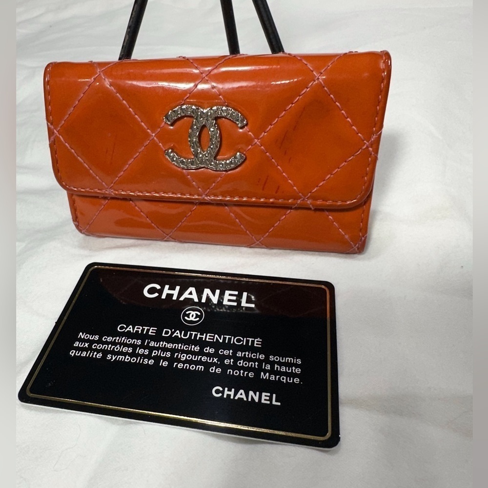 CHANEL Orange Quilted Patent Leather Key & Card Holder with Silver CC